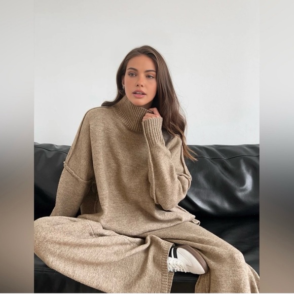 Commense Camel Knit Wide Leg Pants & Sweater Set - Picture 3 of 5